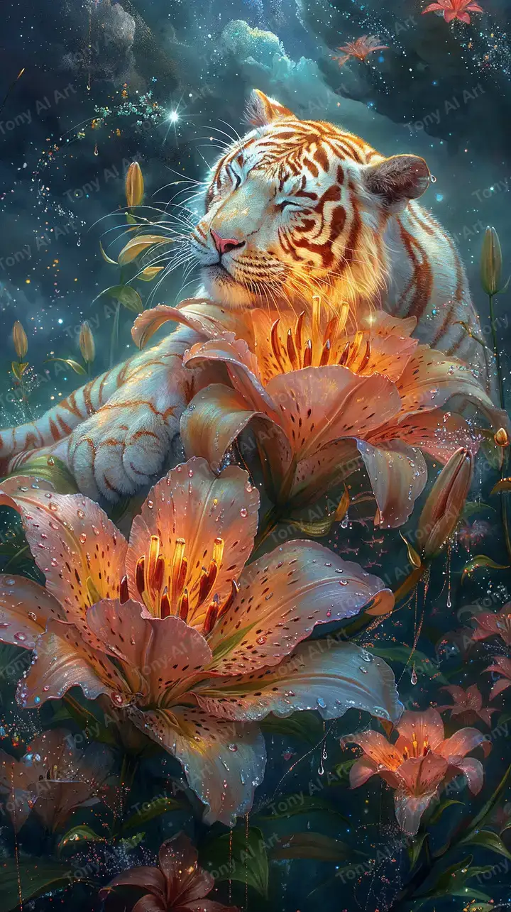 Hổ Vàng Neon Cosmic - Hình Nền AI Art 4K Hoa Lấp Lánh