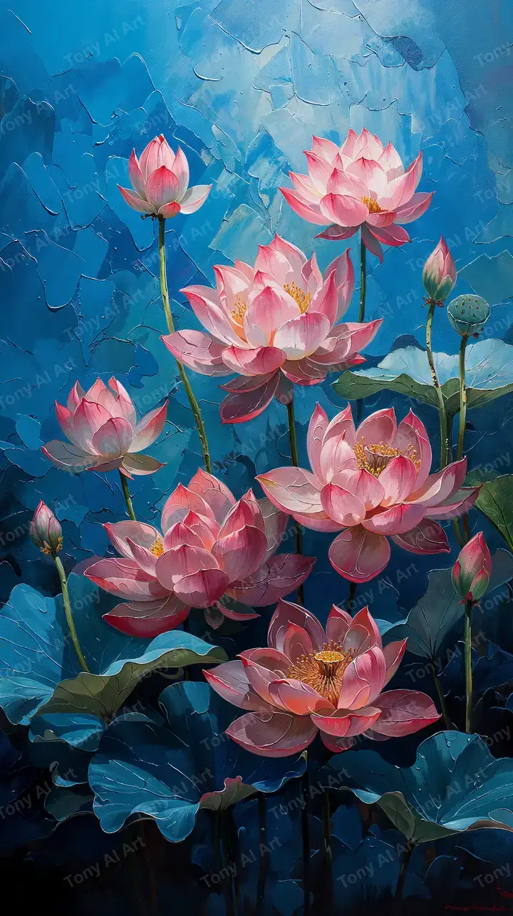 Hoa Sen Hồng Tranh Sơn Xanh Dương - AI Art Wallpaper 4K