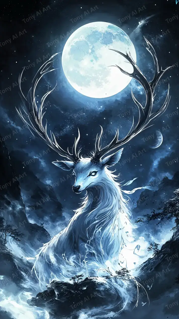 Nai Trắng Phong Thủy - Hình Nền AI Art Cosmic 4K