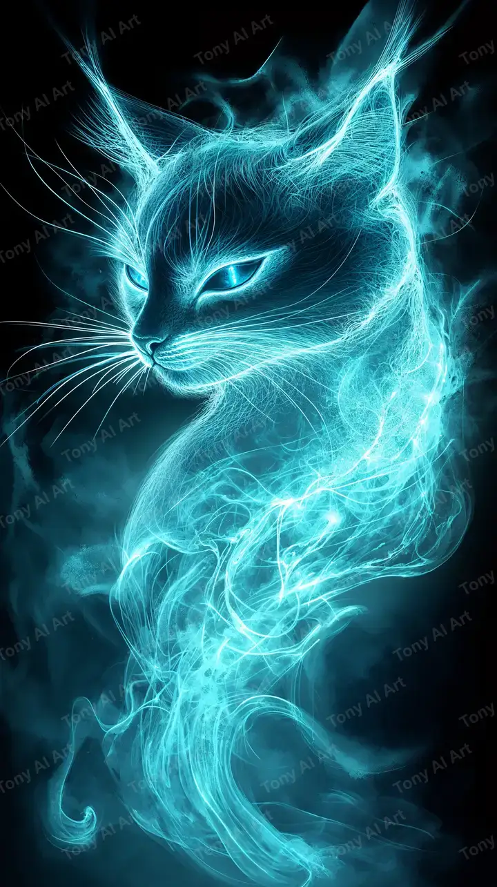 Mèo Neon Cosmic Xanh Lam - Hình Nền AI Art 4K