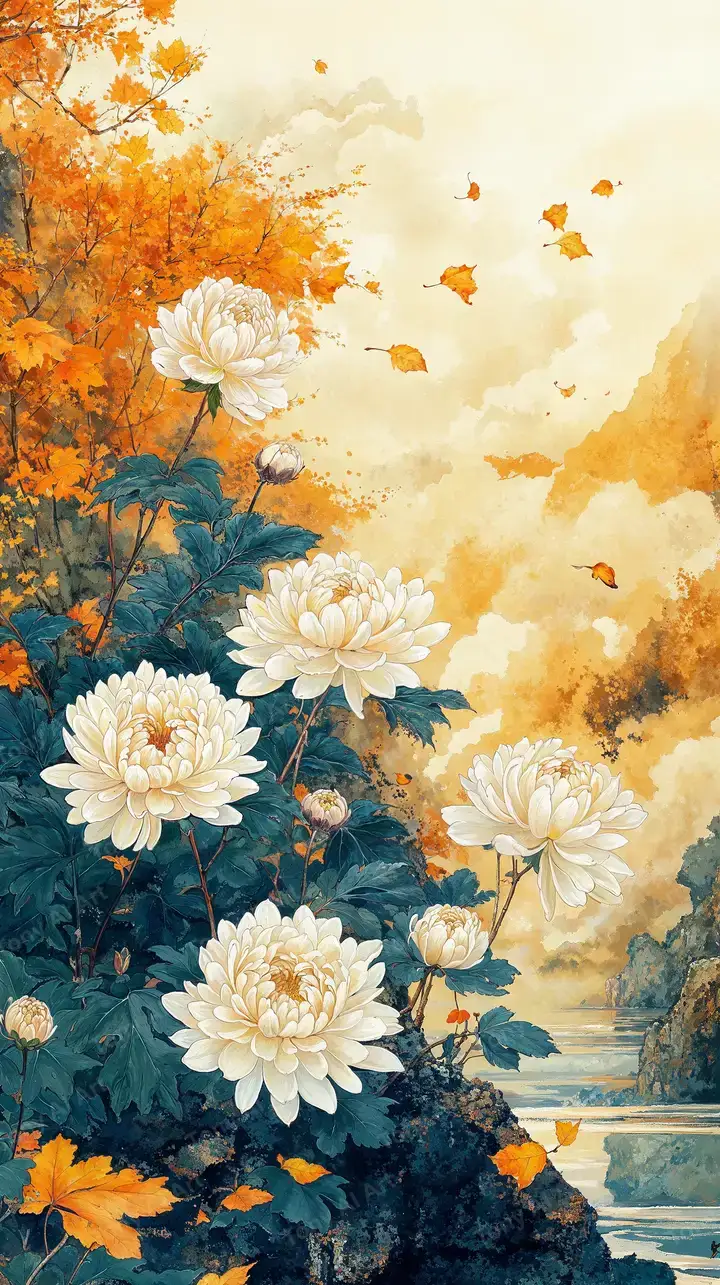 Hoa Sen Vàng Mùa Thu - Hình Nền AI Art Truyền Thống 4K