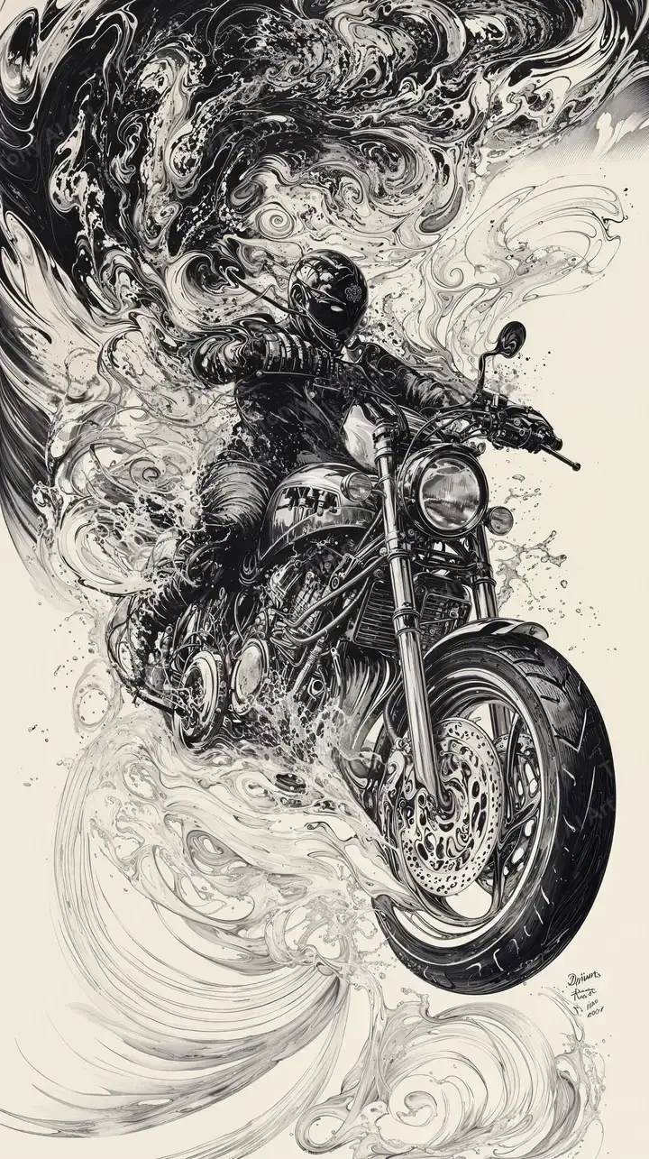 Xe Máy Cruiser Sketch - Hiệu Ứng Ink Liquid AI Art