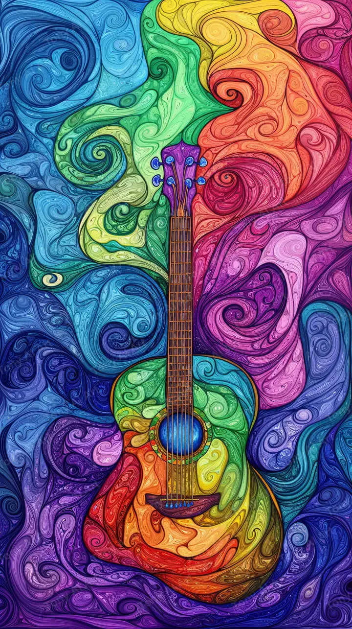 Guitar Psychedelic Cầu Vồng - Hình Nền AI Art 4K