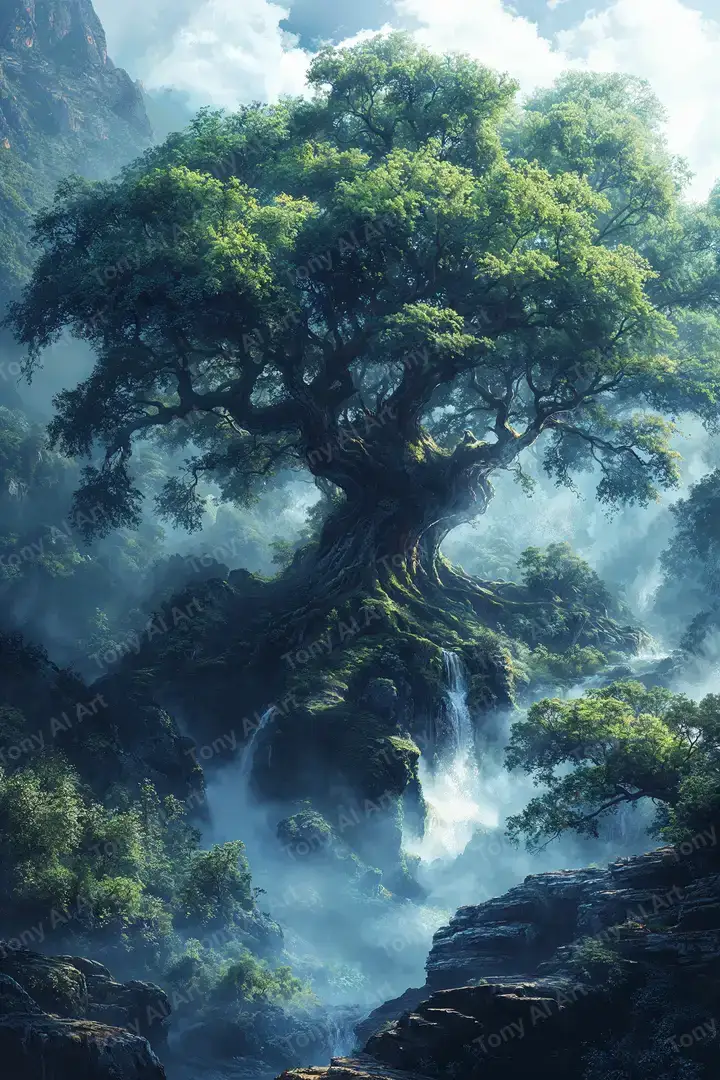 Cây Thần Thoại Cổ Xưa - Hình Nền AI Art 4K Phong Cảnh Kỳ Ảo