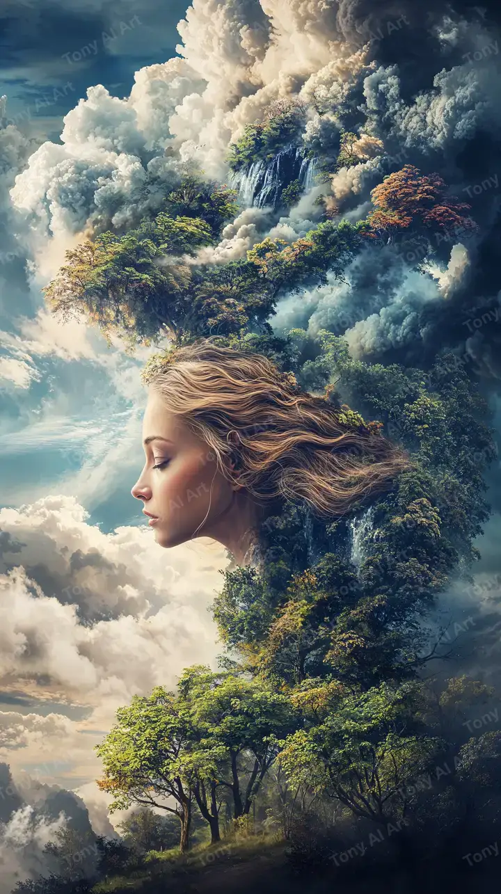 Phụ Nữ Thiên Nhiên - Hình Nền AI Art 4K Double Exposure