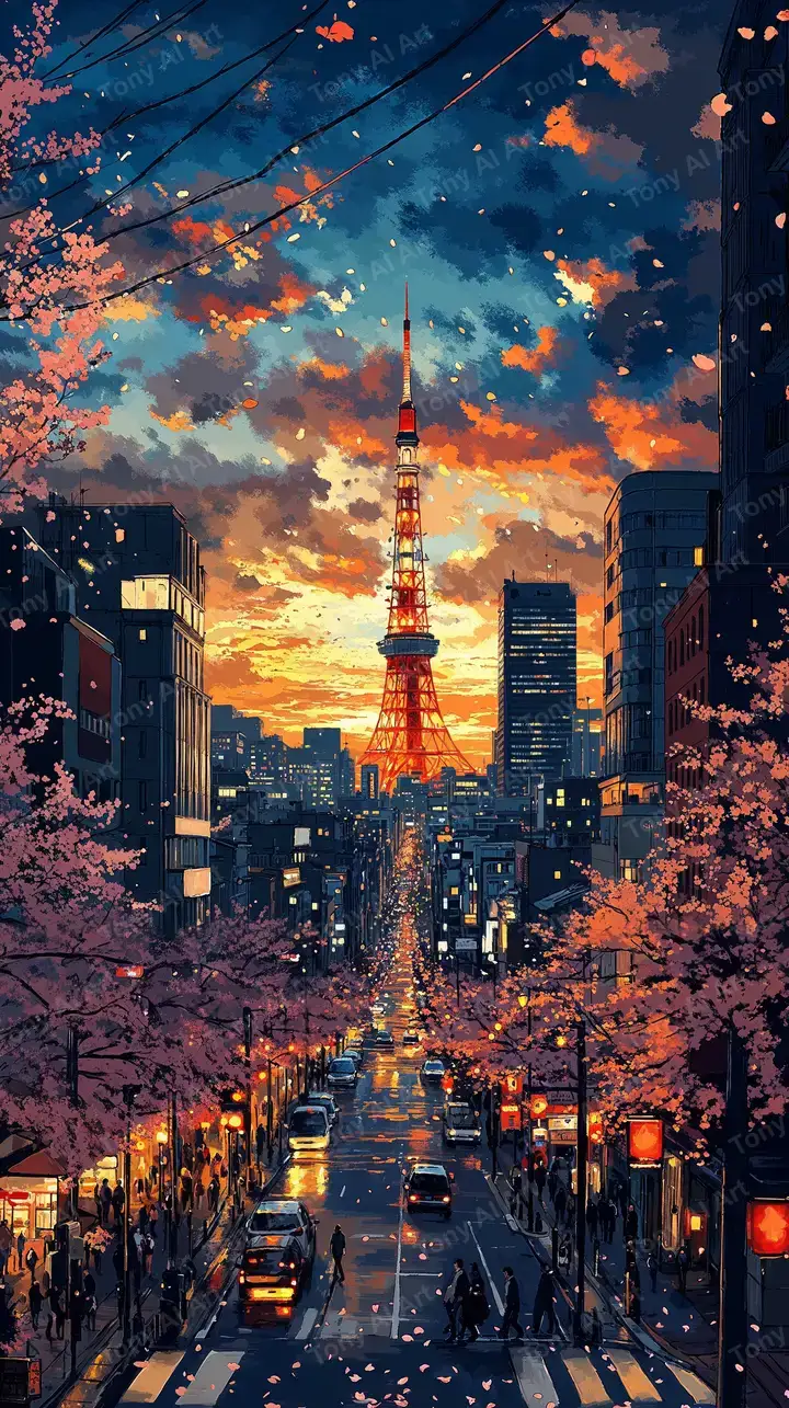 Tháp Tokyo Hoa Anh Đào - Hình Nền AI Art 4K