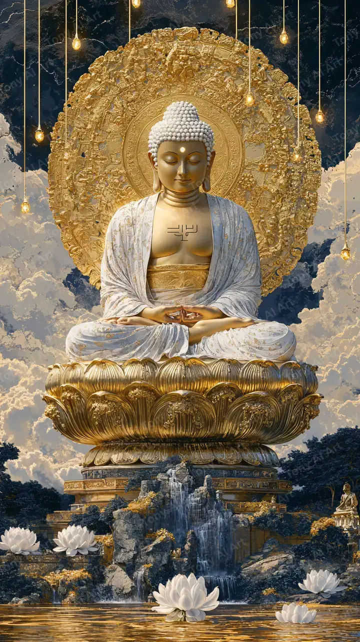 Phật Thiền Định Quầng Vàng - Hình Nền AI Art 4K Phong Thủy