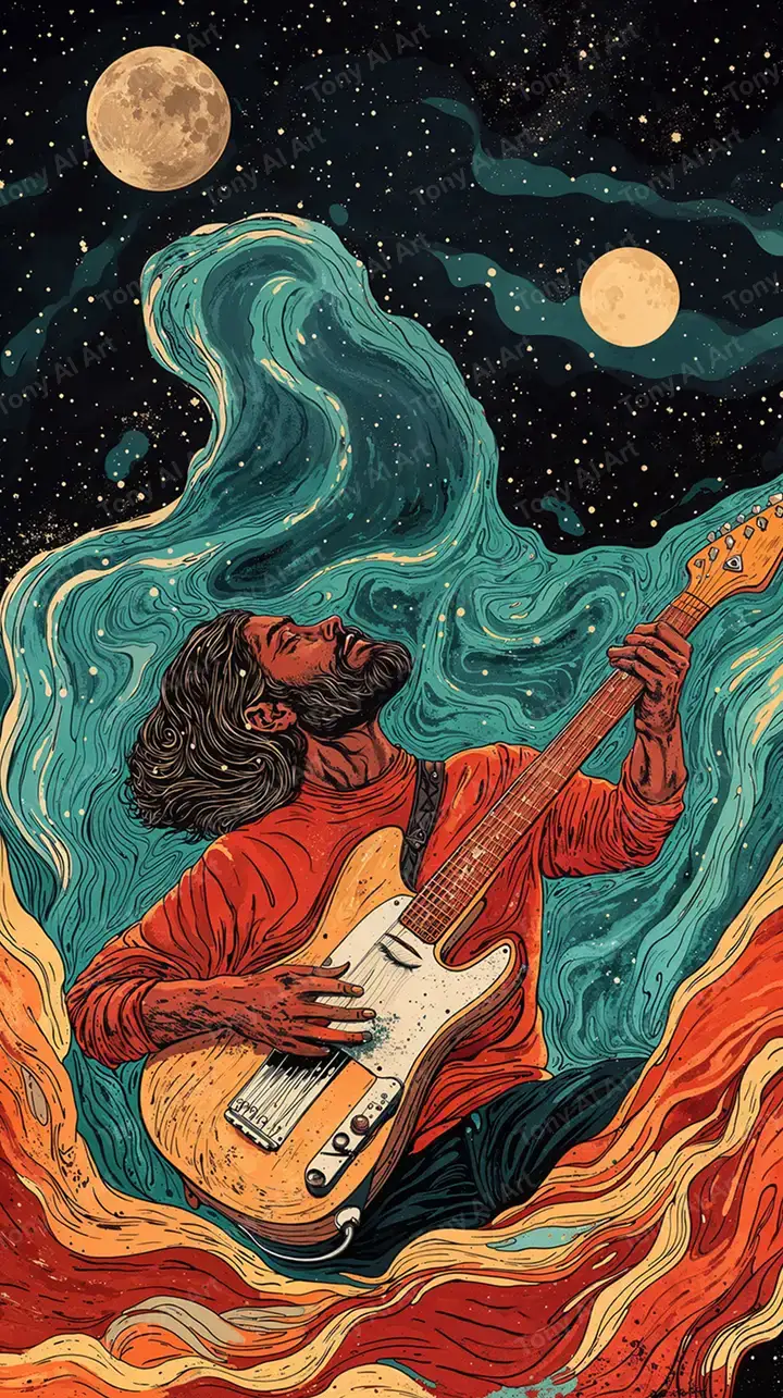 Nhạc Sĩ Guitar Sao Đêm - Hình Nền AI Art Cosmic 4K