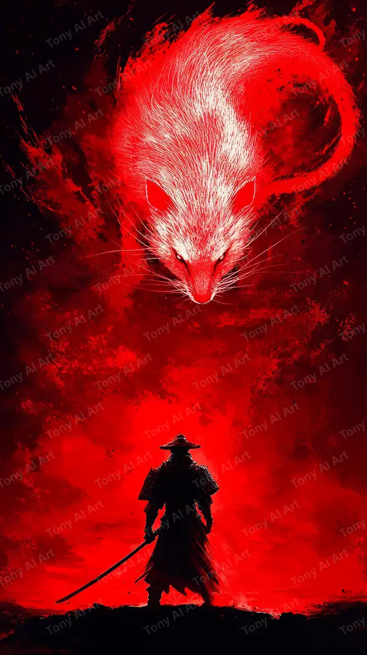 Chuột Quỷ Đỏ - Chiến Binh Samurai Hình Nền AI Art 4K