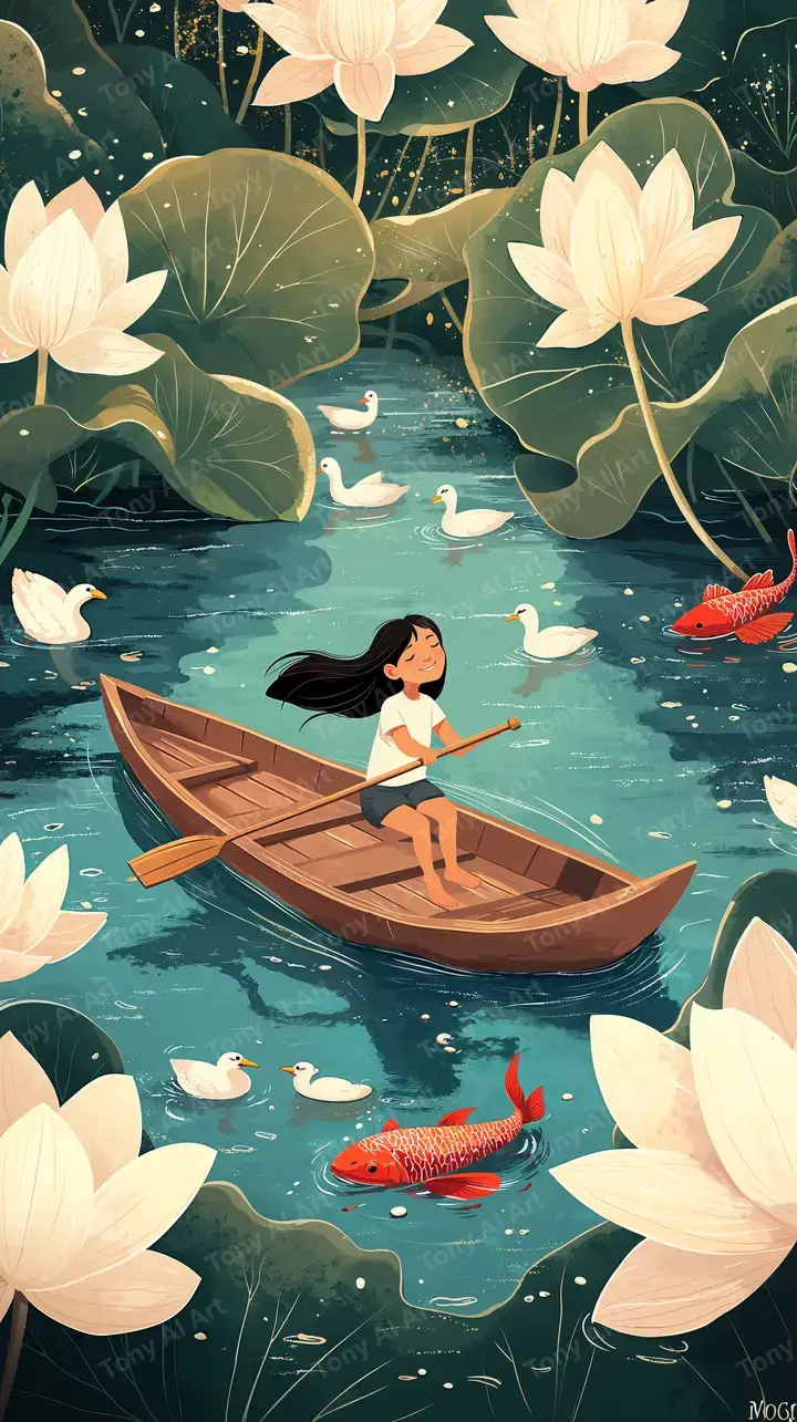 Cô Gái Áo Dài Trên Thuyền Sen - Hình Nền AI Art 4K Phong Thủy