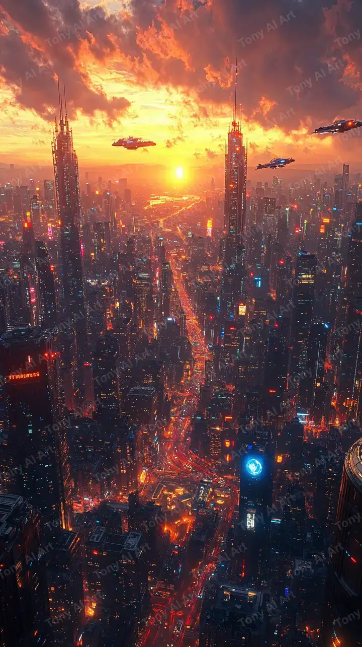 Thành Phố Cyberpunk Hoàng Hôn - Hình Nền AI Art 4K