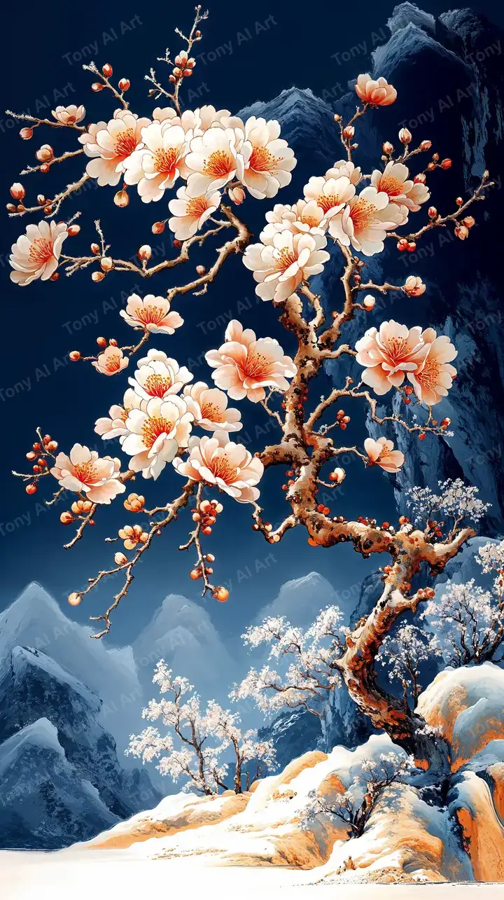 Hoa Mai Vàng Núi Tuyết - Hình Nền AI Art Đông Á 4K