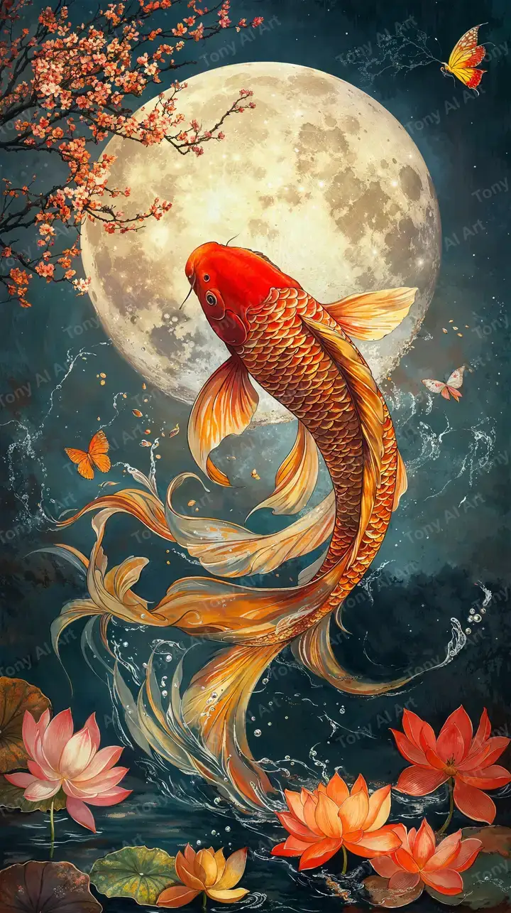 Cá Koi Phong Thủy Trăng Tròn - Hình Nền AI Art 4K