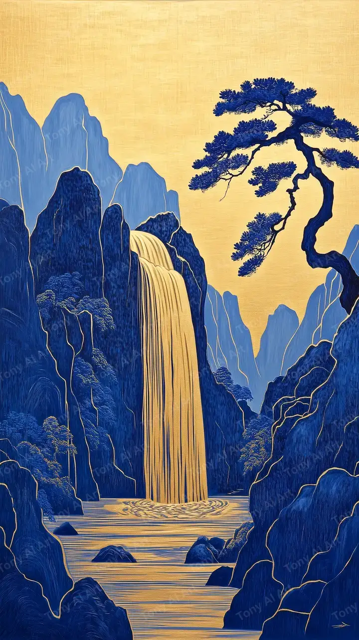 Thác Nước Vàng Núi Xanh - Hình Nền AI Art Phong Thủy 4K