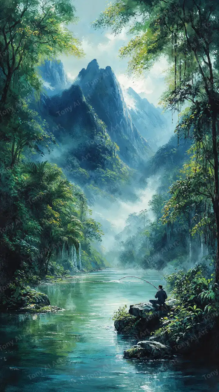 Phong Cảnh Núi Sông Rừng Xanh - Hình Nền AI Art 4K