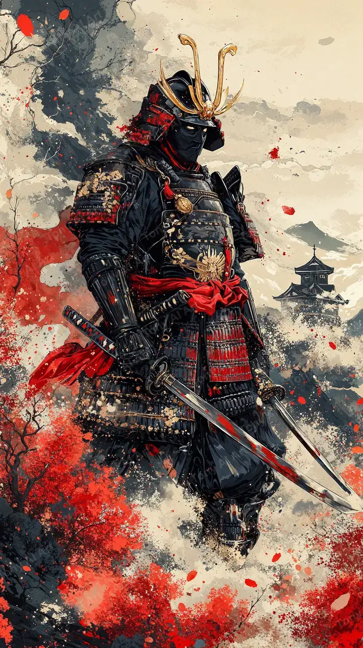 Samurai Đỏ Đen - Hình Nền AI Art Watercolor 4K