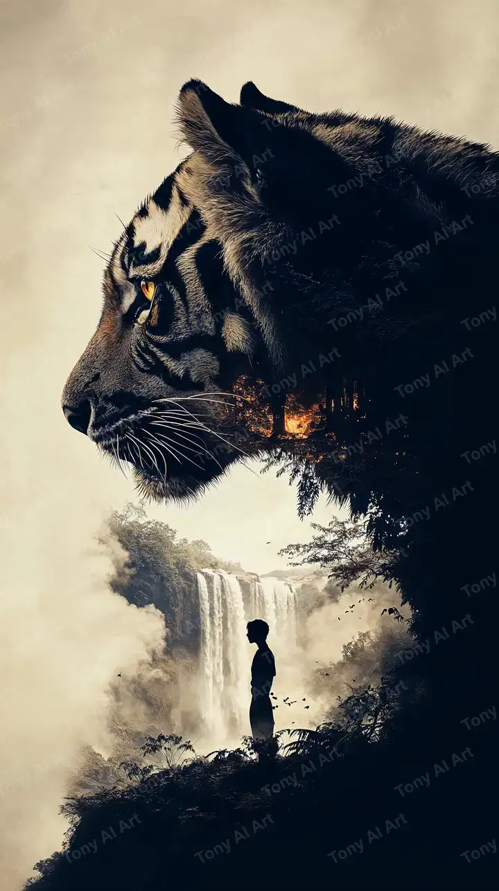Hổ Double Exposure Thác Nước - Hình Nền AI Art 4K