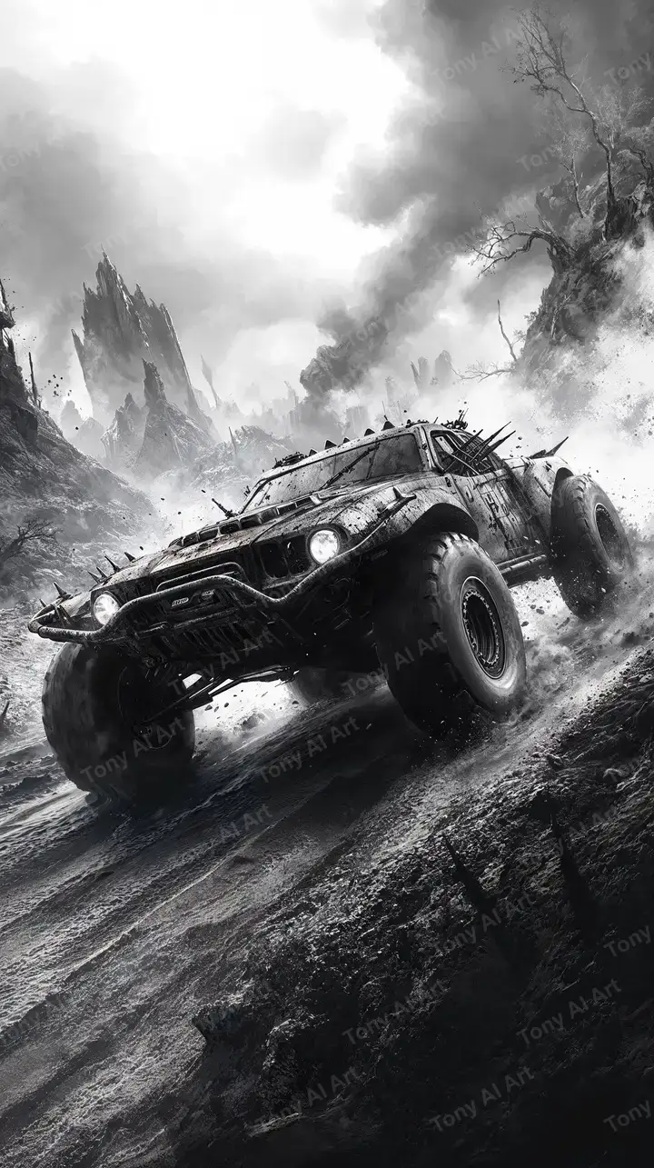 Jeep Offroad Hoang Tàn - Hình Nền AI Art Monochrome 4K