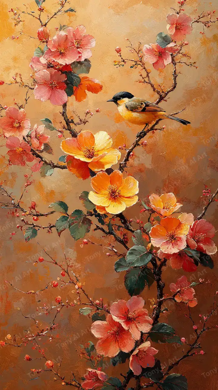 Chim Hót Trên Hoa Mẫu Đơn - Hình Nền AI Art 4K