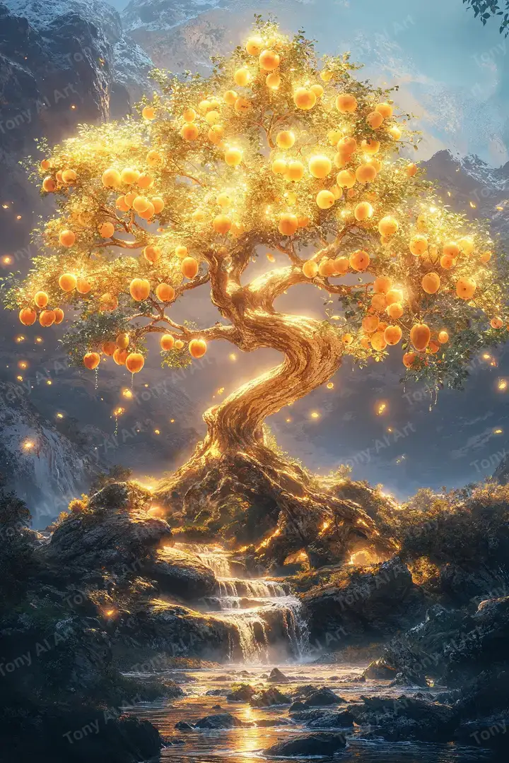 Cây Vàng Phong Thủy - Hình Nền AI Art Núi Thác 4K