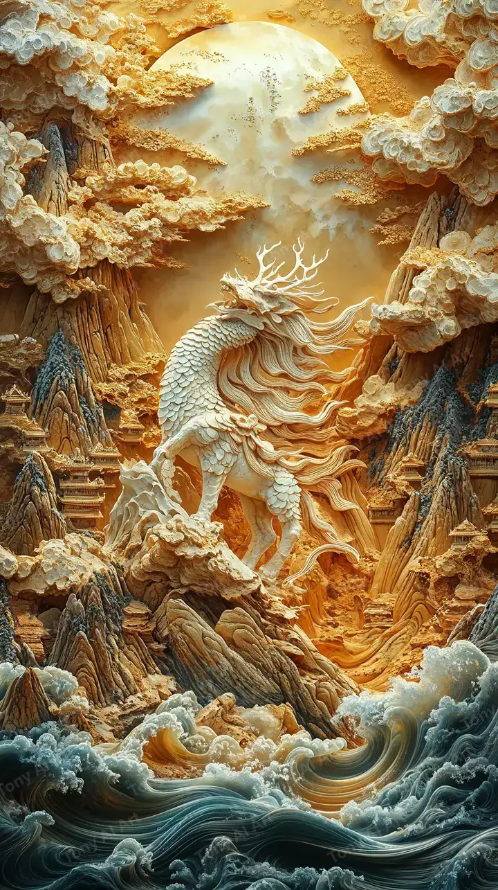 Rồng Vàng Phong Thủy Sóng Biển - AI Art Relief 4K