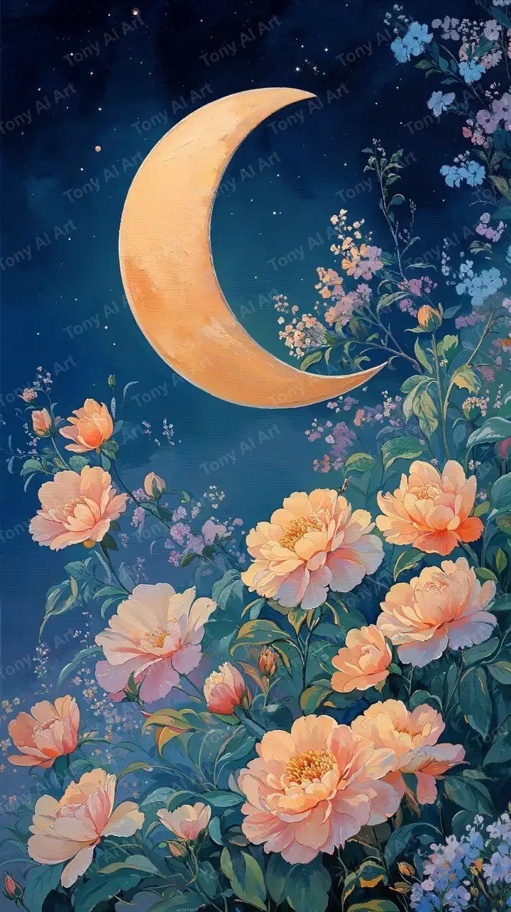 Mặt Trăng Vàng & Hoa Mẫu Đơn - Hình Nền AI Art Botanical 4K