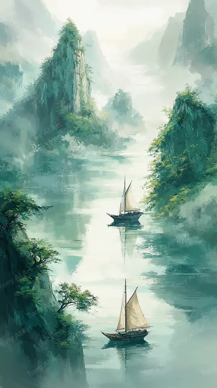 Phong Cảnh Núi Sông Sương Mù - Hình Nền AI Art 4K