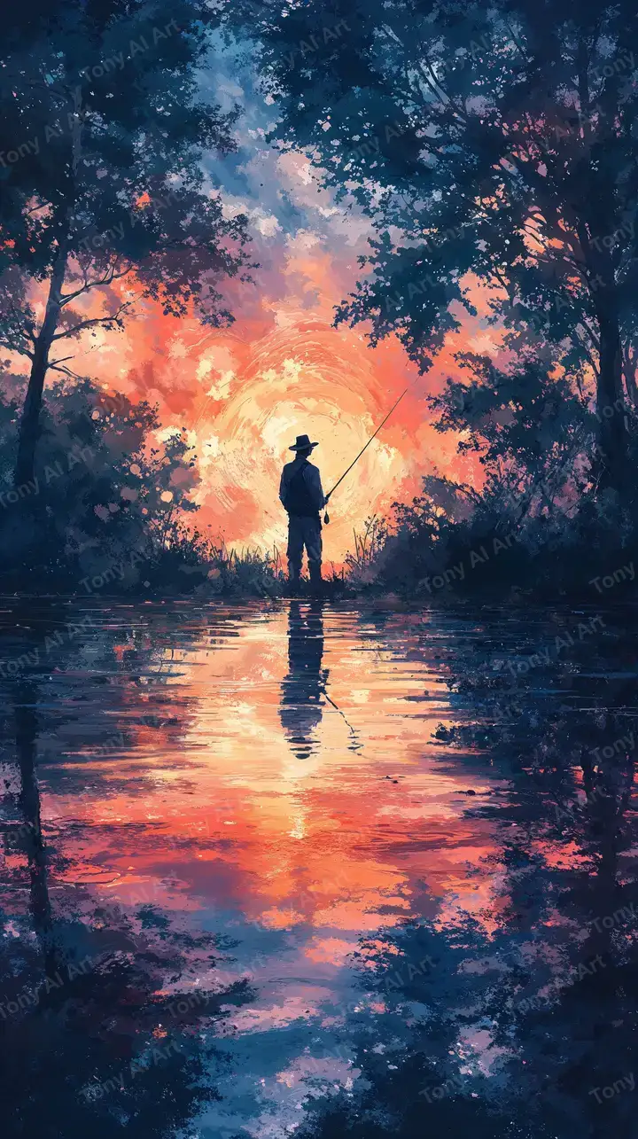 Người Câu Cá Chạng Vạng - Hình Nền AI Art Thiên Nhiên 4K