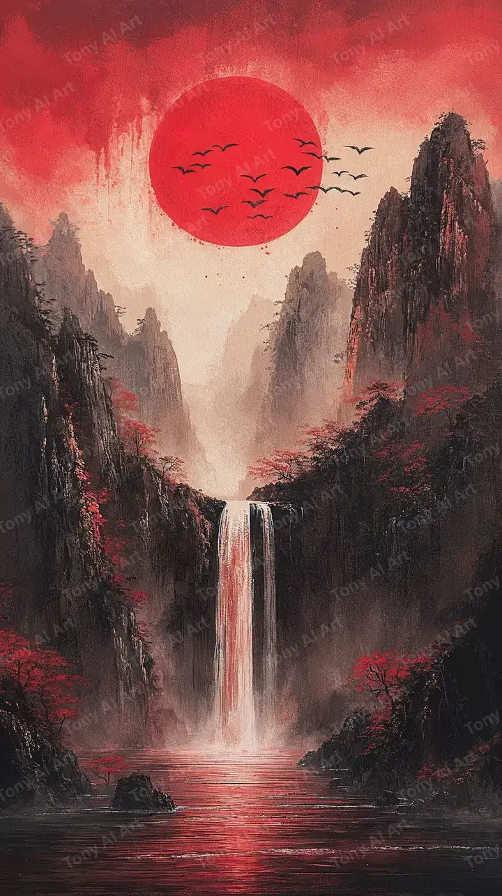 Thác Nước Phong Thủy - Mặt Trời Đỏ Hùng Vĩ AI Art 4K