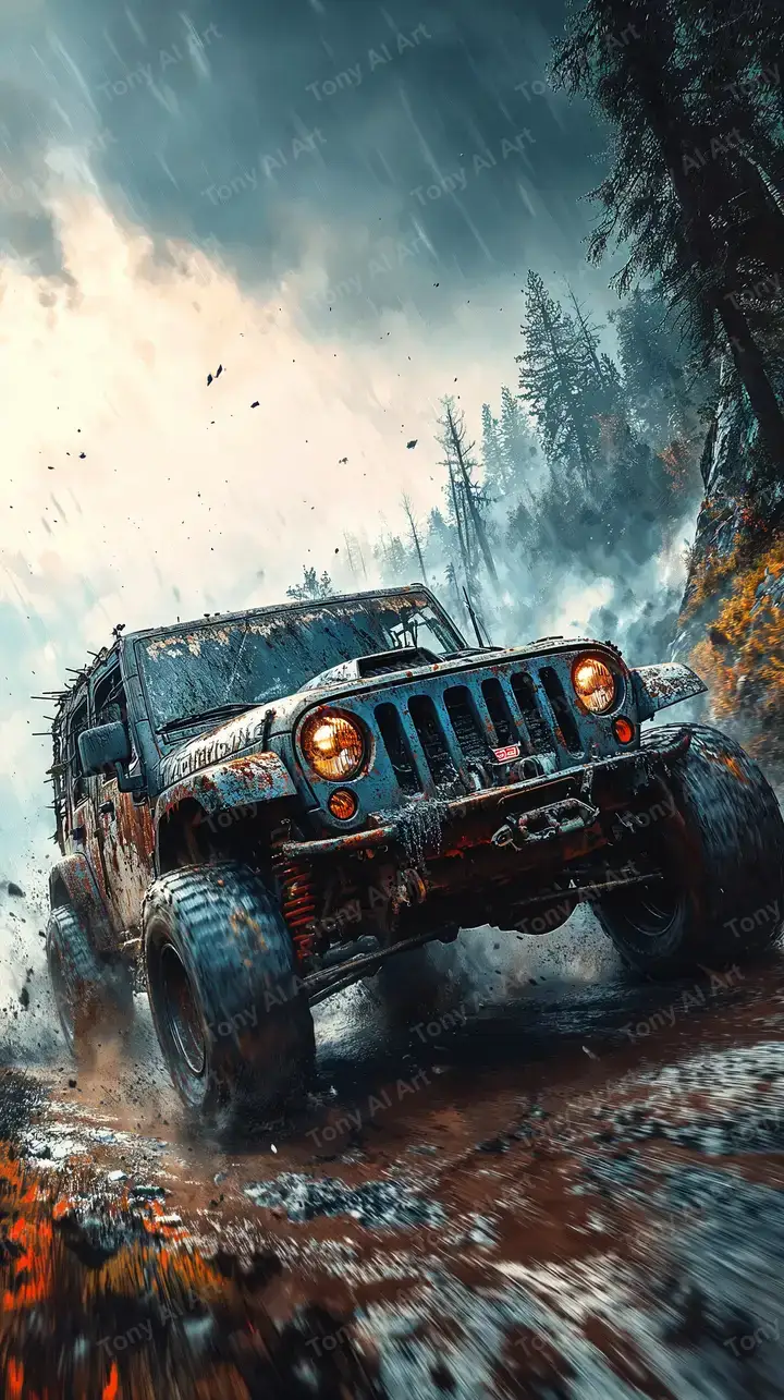 Jeep Mưa Bão Rừng Thông - Hình Nền AI Art Cinematic 4K