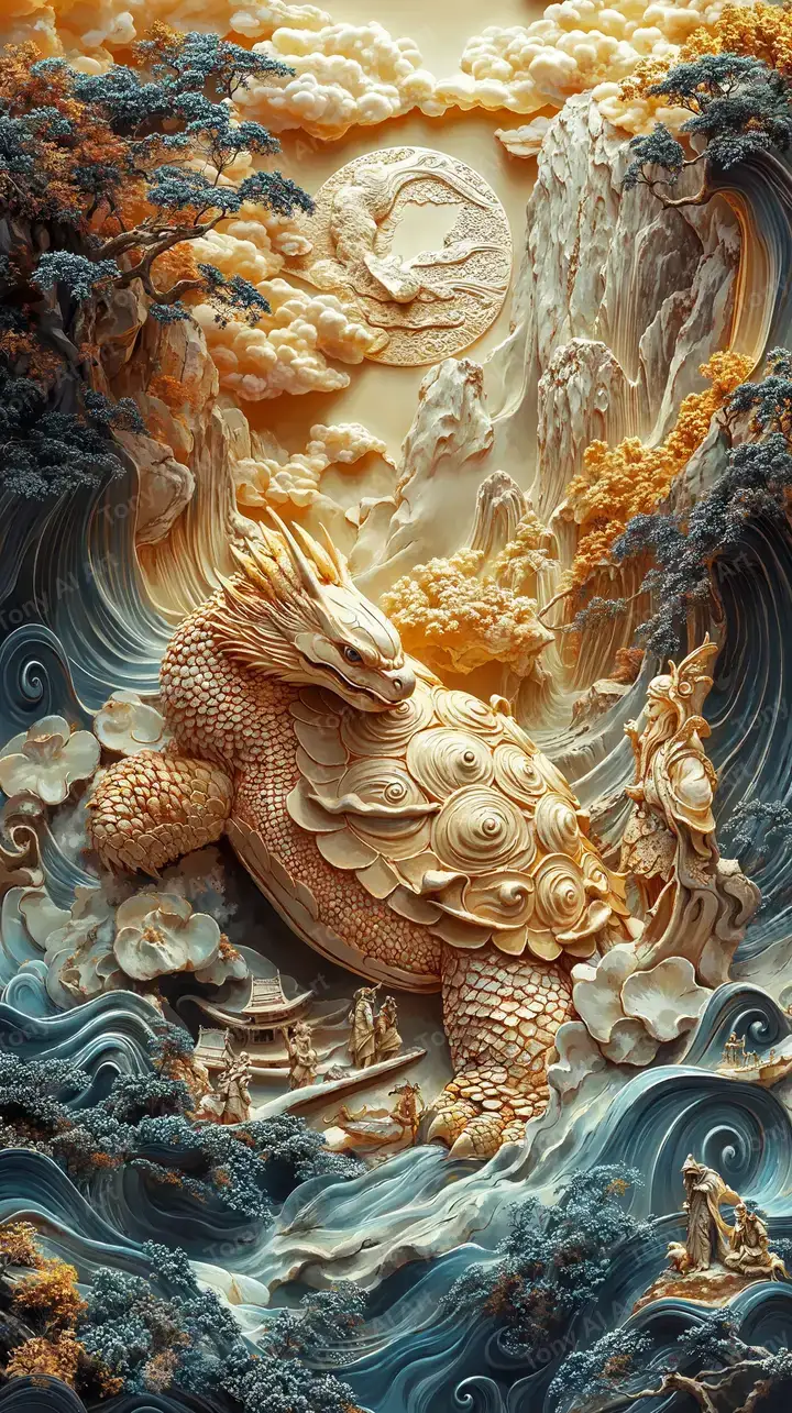 Rồng Vàng Phong Thủy - Hình Nền AI Art 3D Relief 4K