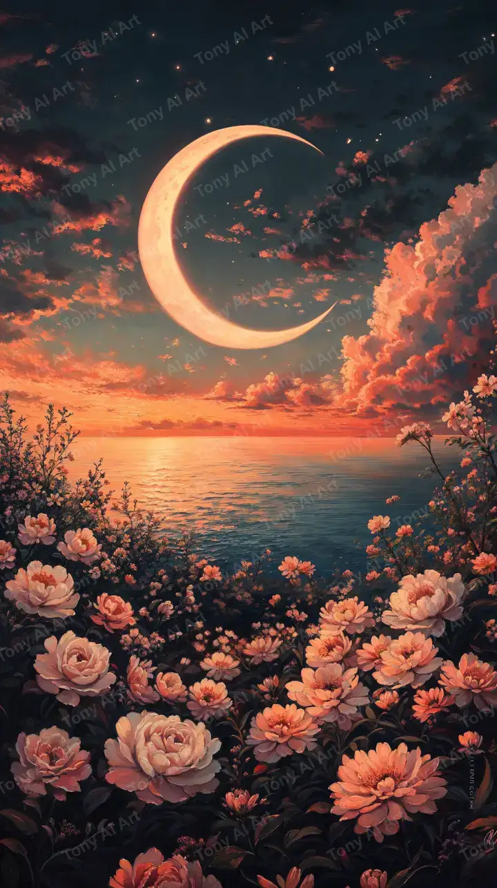 Mặt Trăng Lặng - Vườn Hoa Hồng Hoàng Hôn - Hình Nền AI Art 4K