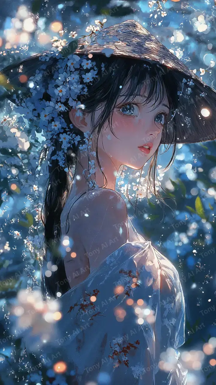 Cô Gái Áo Dài Nón Lá - Bối Cảnh Cosmic Xanh - Hình Nền AI Art 4K