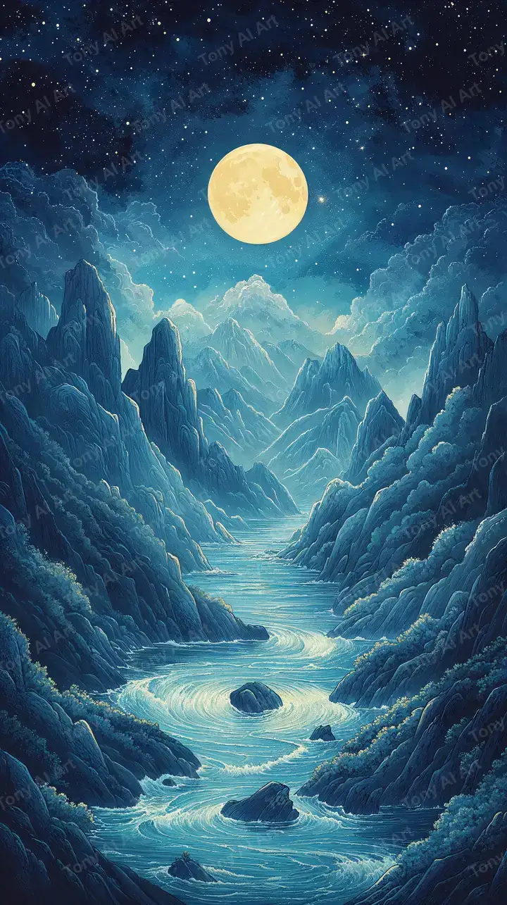 Phong Cảnh Núi Trăng Vàng - Hình Nền AI Art 4K