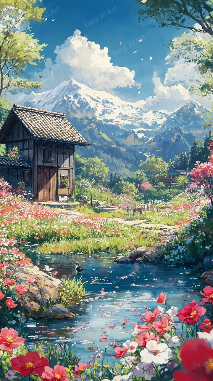 Nhà Nhật Bản Giữa Hoa Nở - Hình Nền AI Art Landscape 4K