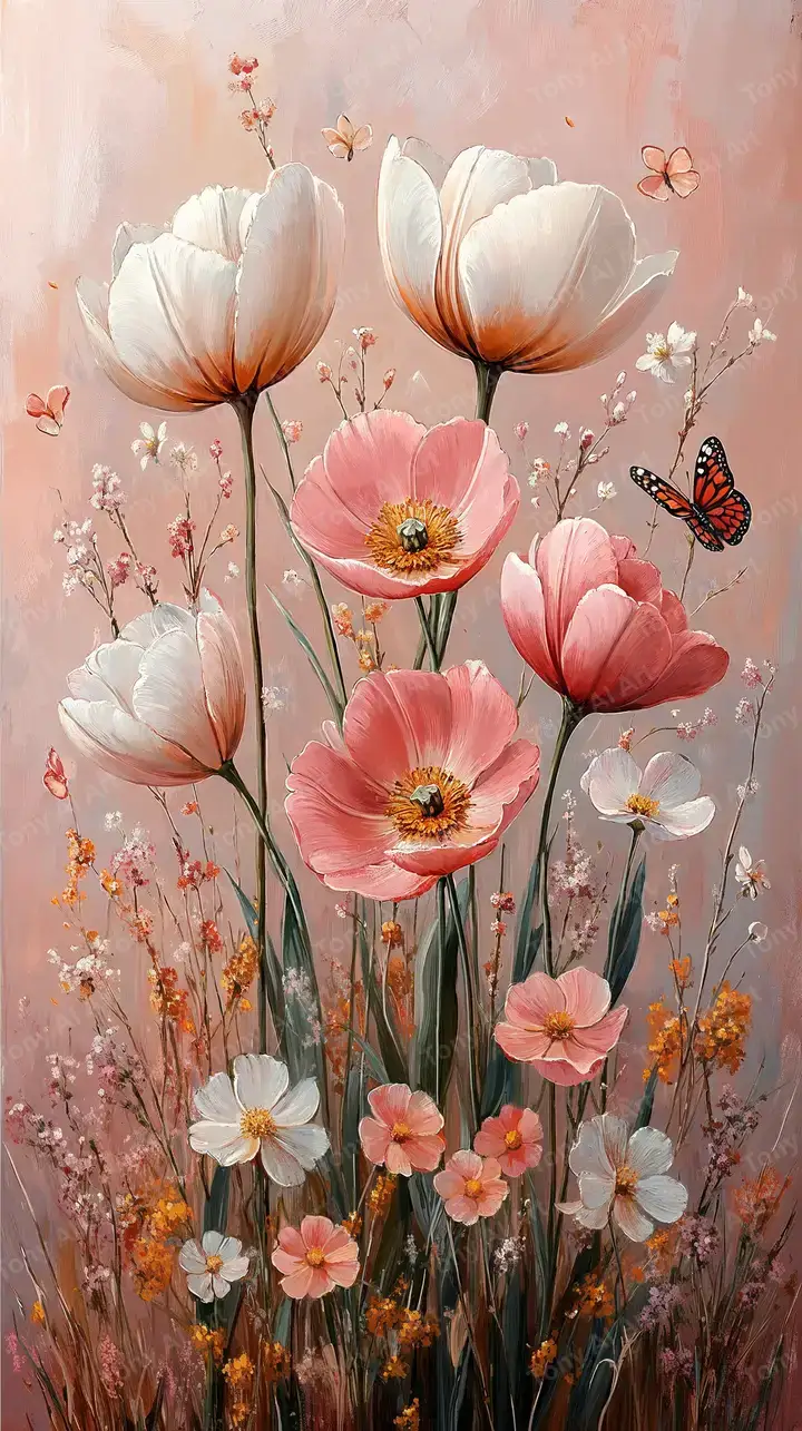 Hoa Tulip Bướm Hồng - Tranh Hoa Mềm Mại AI Art 4K