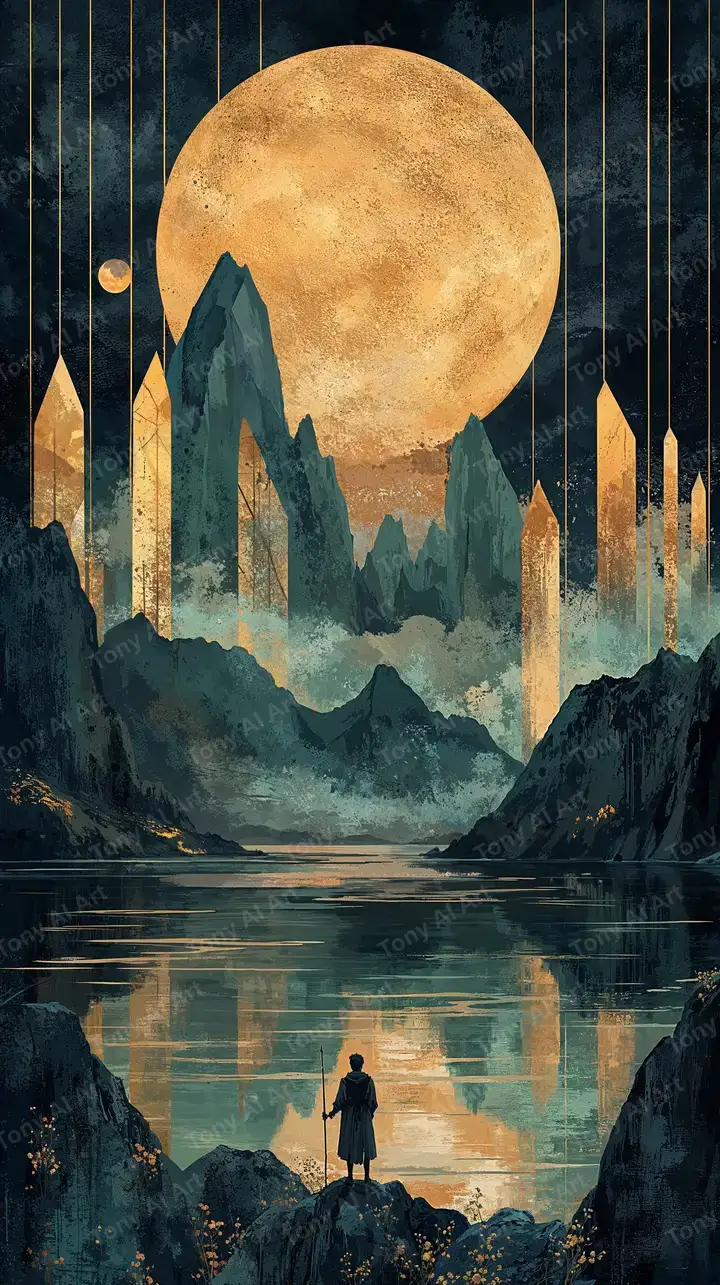 Mặt Trăng Vàng Trên Dãy Núi Huyền Ảo - Hình Nền AI Art 4K