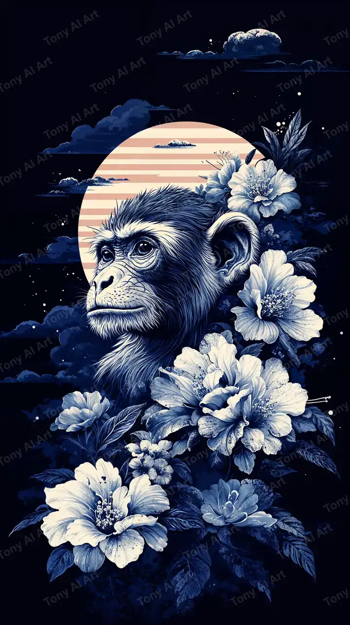 Khỉ Hoa Xanh Lam - Hình Nền AI Art Siêu Thực 4K