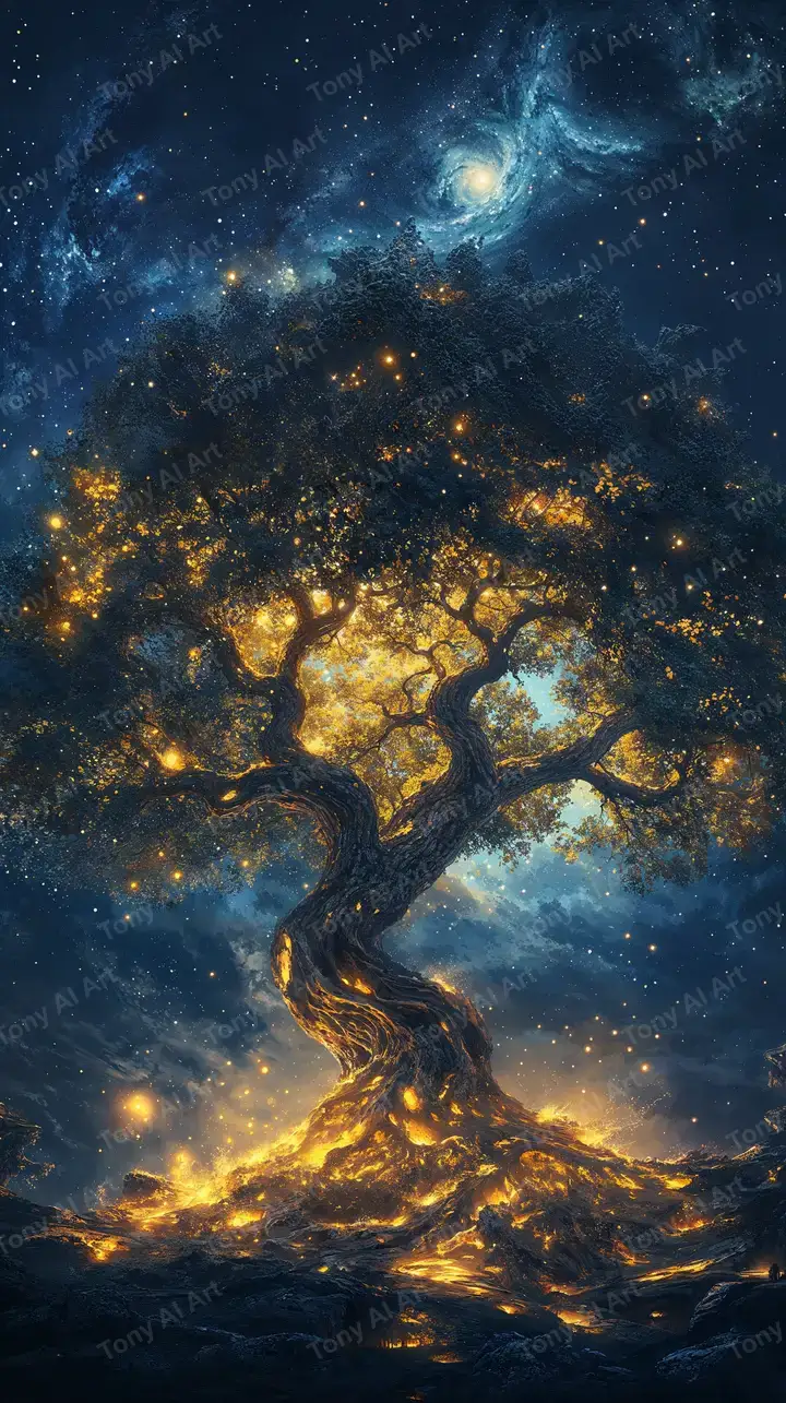 Cây Vũ Trụ Phát Sáng - Hình Nền AI Art Cosmic Ngàn Sao 4K